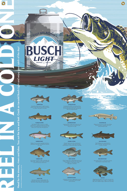 busch fishing lures Busch Light Reel In A Big One Banner 24" x 36" — Ripper Bud Web Store